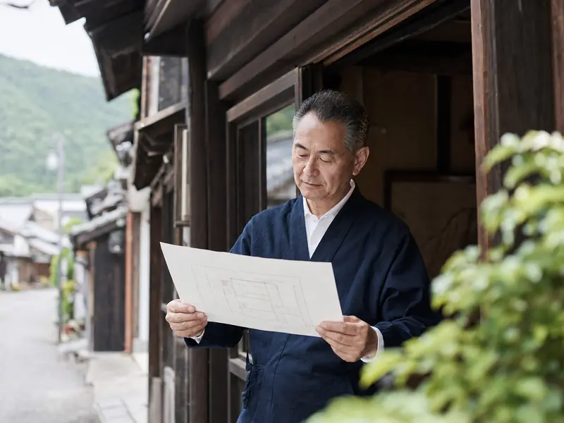 地方の商店の店先で計画書を確認する事業者